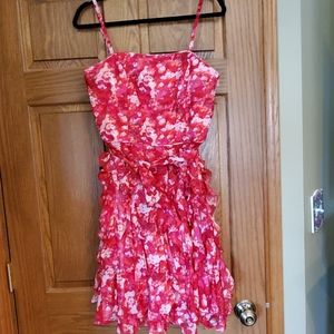 White House Black Market Waterfall Print Dress, Ruffled down to knee. Size 8